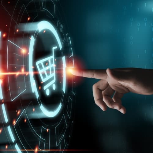 hand-touching-virtual-info-graphics-with-trolley-cart-icons-technology-online-shopping-business-concept